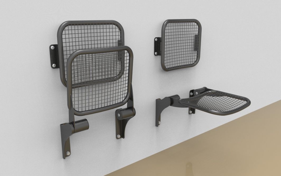 Klappsitz mit Drahtgitter-Sitzfläche und -Rückenlehne für Wandmontage